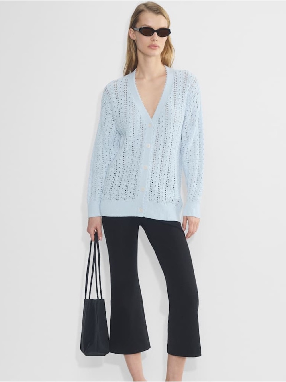 Aritzia Wilfred Reverence Pointelle Crochet Knit Cardigan Sweater Blue Sz M
